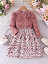 Girls Young Girl Flower Print Patchwork Long Sleeve Knitted Tunic Top & Floral Ornate Print Blue Dress, Elegant And Romantic, Autumn/Winter